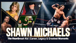Shawn Michaels posing during a WWE event with championship-style presentation