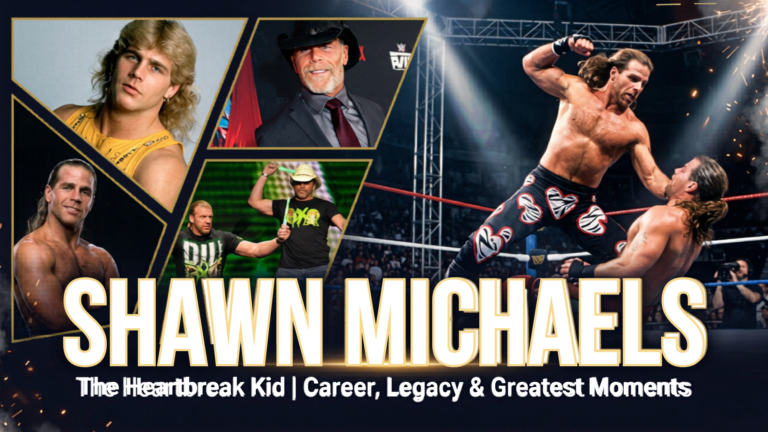 Shawn Michaels posing during a WWE event with championship-style presentation