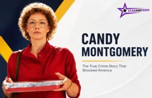 Candy Montgomery in a red shirt holding a baking dish with the StarAgePedia logo and title.