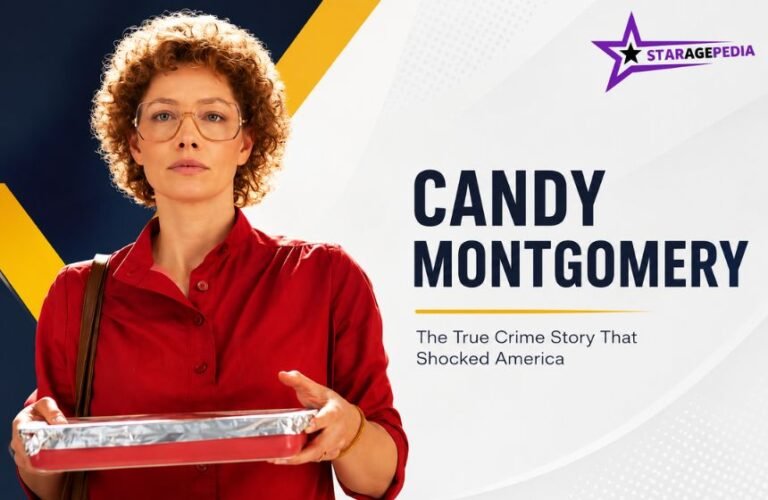 Candy Montgomery in a red shirt holding a baking dish with the StarAgePedia logo and title.