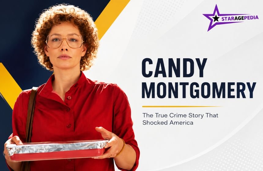 Candy Montgomery in a red shirt holding a baking dish with the StarAgePedia logo and title.