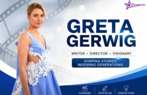 Greta Gerwig portrait in a blue dress with her name displayed on a film-themed featured image