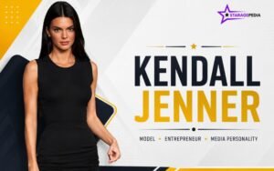 Kendall Jenner wearing a black dress, with bold text identifying her as a model, entrepreneur, and media personality