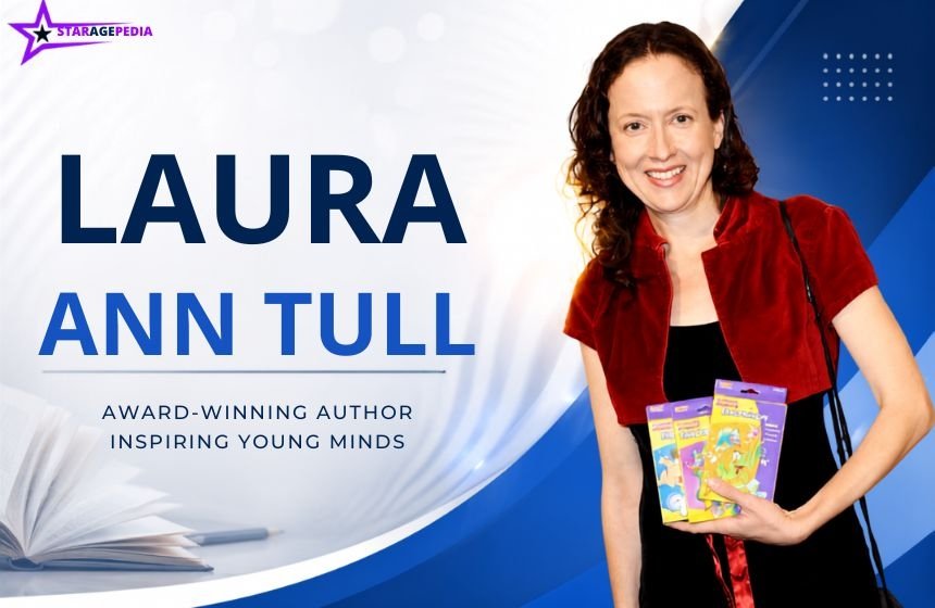 Laura Ann Tull smiling and holding children’s books in a blue-and-white featured image