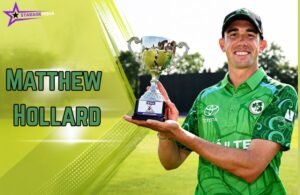 Matthew Hollard holding a cricket trophy while wearing an Ireland cricket jersey in a featured image.