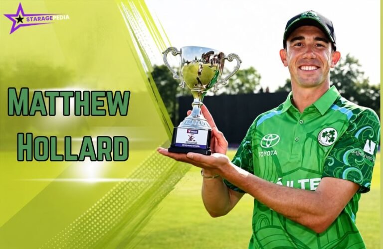 Matthew Hollard holding a cricket trophy while wearing an Ireland cricket jersey in a featured image.