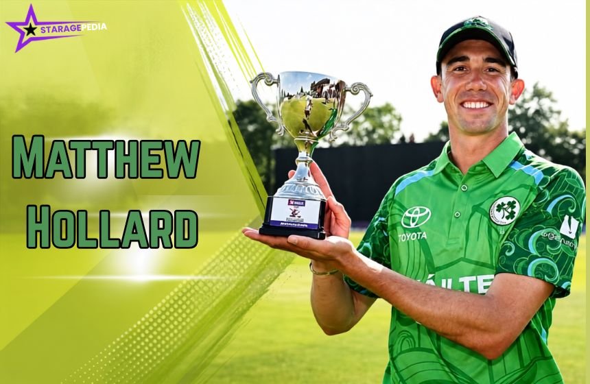 Matthew Hollard holding a cricket trophy while wearing an Ireland cricket jersey in a featured image.