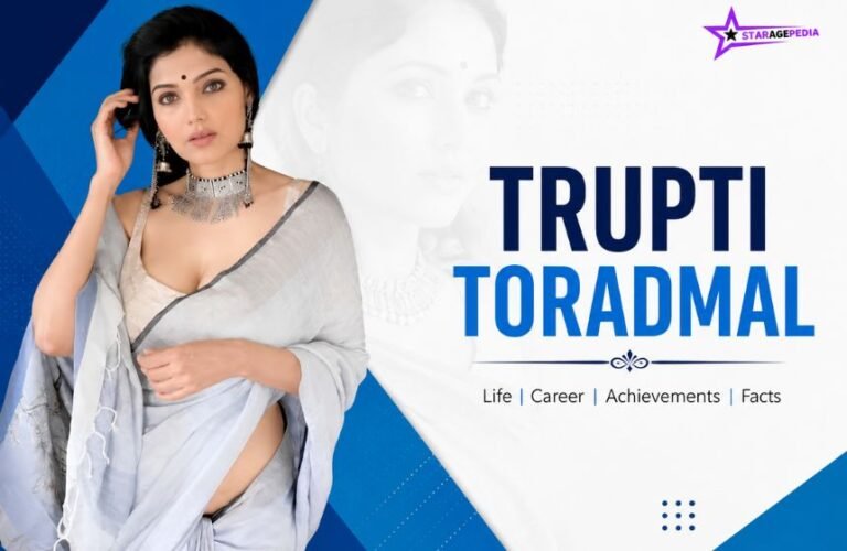 Trupti Toradmal in a silver saree with jewelry, featured in a blue and white profile graphic with her name and career highlights.