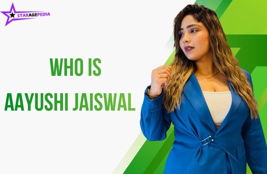 Aayushi Jaiswal in a blue blazer in a “Who Is Aayushi Jaiswal” biography graphic with a modern green geometric background.