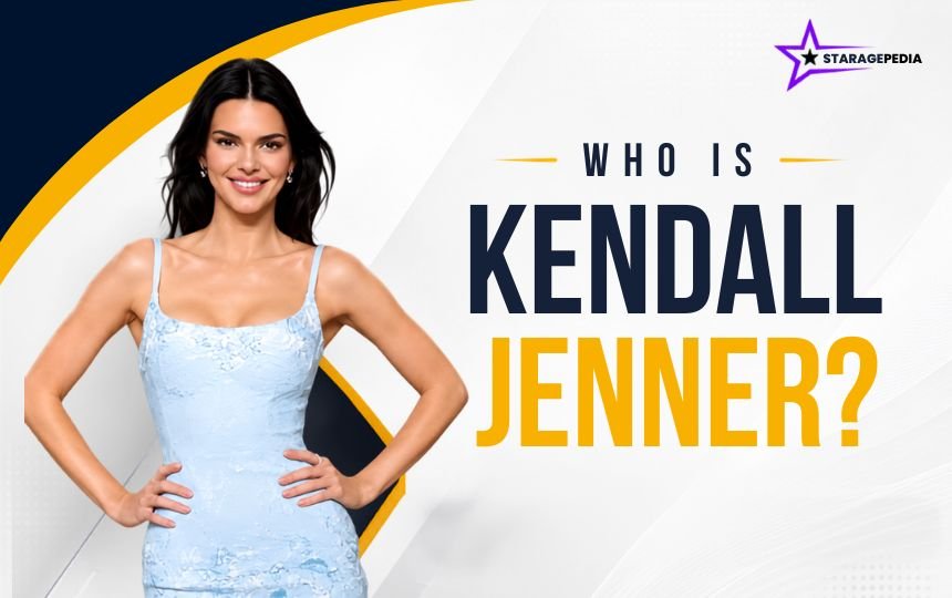 Kendall Jenner in a light blue dress beside bold “Who Is Kendall Jenner?”