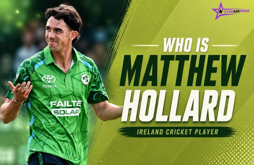 Matthew Hollard wearing an Ireland cricket jersey with the text "Who Is Matthew Hollard" on a green sports-themed background.
