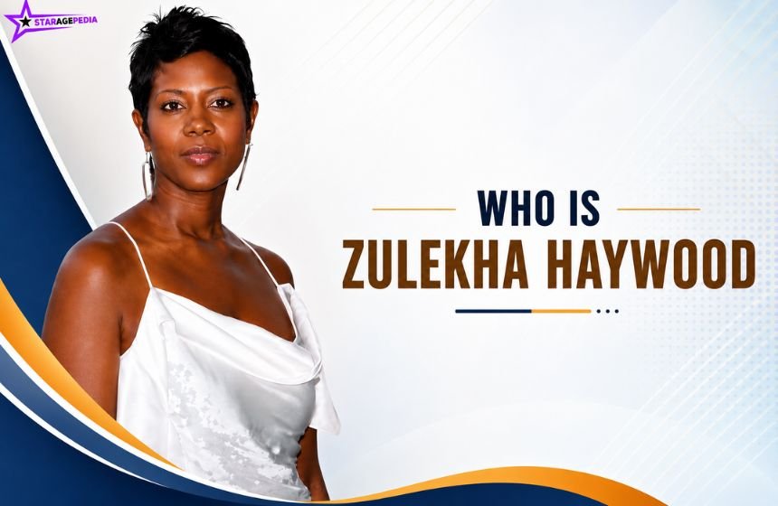 Zulekha Haywood portrait with “Who Is Zulekha Haywood” text, and a modern blue, gold, and white graphic design.