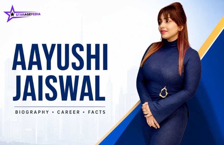 Aayushi Jaiswal biography featured image showing the Indian actress in a navy blue dress with a modern blue and gold design.