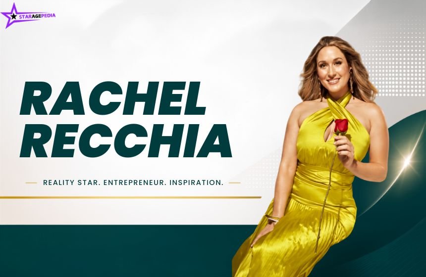 Rachel Recchia in a yellow dress holding a red rose, featured in a celebrity biography graphic with her name and Staragepedia branding.